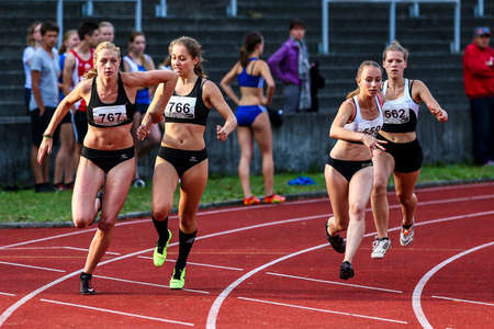 Regensburg, Germany - July 20, 2019: bavarian athletics championship 4x400 relay race eventのeditorial素材