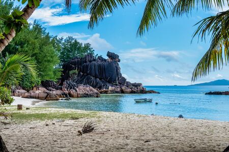The coastline white sand beach of the island of Curieuse, Seychellesの写真素材