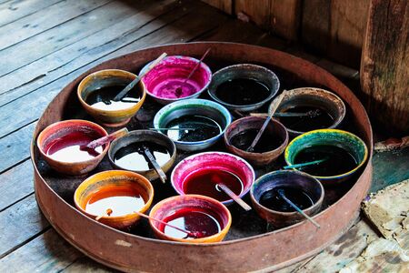 Traditional lacquer ware on sale at the factory shop in Myanmar former Burmaの写真素材