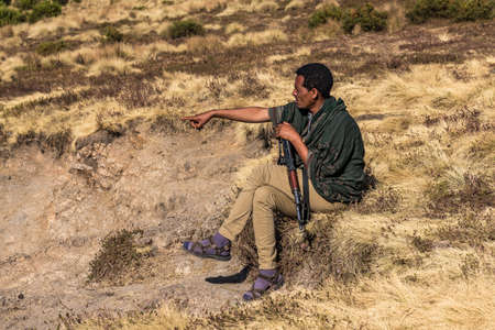 Simien Mountains, Ethiopia - Feb 07, 2020: Ethiopian people at Simien Mountains National Park in Ethiopia. Africa.のeditorial素材
