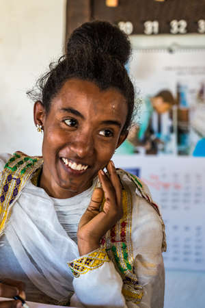 Gondar, Ethiopia - Feb 06, 2020: Ethiopian people at the Church of Debre Berhan Selassie in Gondar, Ethiopia.のeditorial素材
