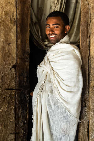 Gorgora, Ethiopia - Feb 06, 2020: Ethiopian people at Gorgora church on the way from Bahir Dar to Gondar, Ethiopia.のeditorial素材