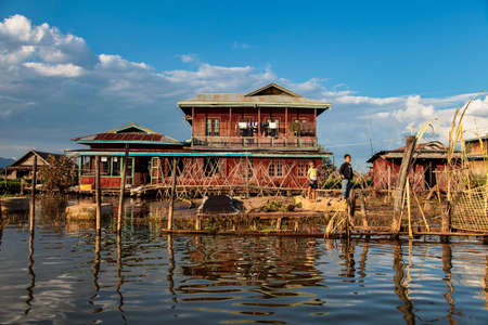 Inle Lake, Myanmar - Nov 08, 2019: Wooden floating houses on Inle Lake in Shan, Myanmar. Inle Lake...