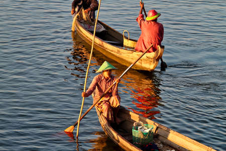 Mandalay, Myanmar - Nov 12, 2019: Fishermen near U Bein bridge in Amarapura,Mandalay Myanmarのeditorial素材