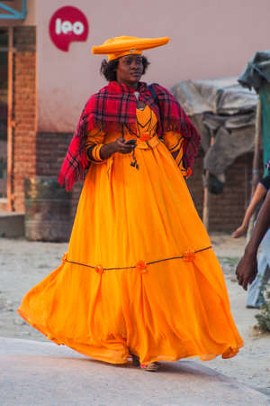 Opuwo, Namibia - Jul 06, 2019: Herero Woman in traditional clothes in Opuwo. Namibia. The Herero...