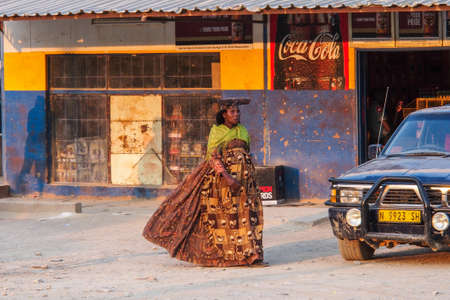 Opuwo, Namibia - Jul 06, 2019: Herero Woman in traditional clothes in Opuwo. Namibia. The Herero belonging to the Bantu group, with about 240,000 members alive today.のeditorial素材