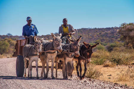 Opuwo, Namibia - Jul 07, 2019: Namibian men with their donkeys, seen in Opuwo, the capital of the...