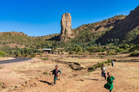 Gondar, Ethiopia - Feb 06, 2020: Ethiopian childs on the roads near Gondar in Ethiopia, Africa
