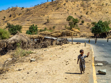 Aksum, Ethiopia - Feb 08, 2020: Ethiopian girl on the road from Axum to the Simien mountains, North Ethiopia, Africa.のeditorial素材