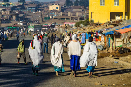 Simien Mountains, Ethiopia - Feb 08, 2020: Ethiopian people at Simien Mountains National Park in...