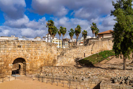 Merida, Spain - November 05, 2019: Arab Fortress Alcazaba near Guadiana river in Merida, Spain,...