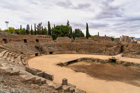 Merida, Spain - November 04, 2019: Roman Amphitheatre in Merida, Augusta Emerita in Extremadura, Spain. Roman City - Temples, Theatres, Monuments Sculptures and Arenasのeditorial素材
