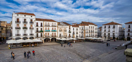 Caceres, Spain - November 09, 2019: Plaza mayor, main square with shops, cafes and restaurants in Caceres, Extremadura Spainのeditorial素材