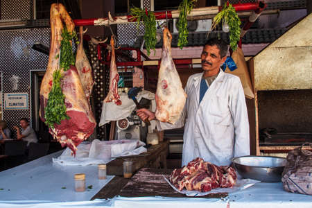 Fes, Morocco - Oct 15, 2019: Typical street market in the old medina of Fes, Morocco in Africa