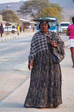 Opuwo, Namibia - Jul 06, 2019: Herero Woman in traditional clothes in Opuwo. Namibia. The Herero...