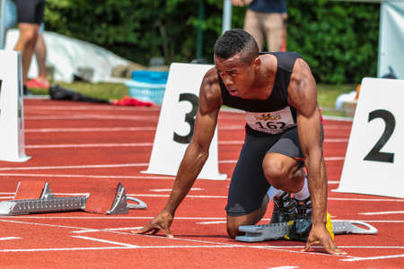 Regensburg, Germany - July 20, 2019: bavarian athletics championship 400 meter race eventのeditorial素材