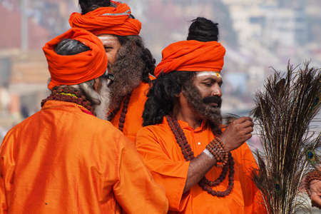 Varanasi, India - Dec 23, 2019: Sadhu at the ghats in Varanasi, Uttar Pradesh, ascetic holy mans in Indiaのeditorial素材