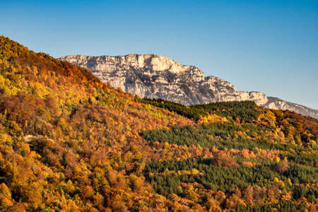 French countryside. Col de Rousset. Panoramic view of the heights of the Vercors, the marly hills and the valley Val de Drome, Franceの写真素材