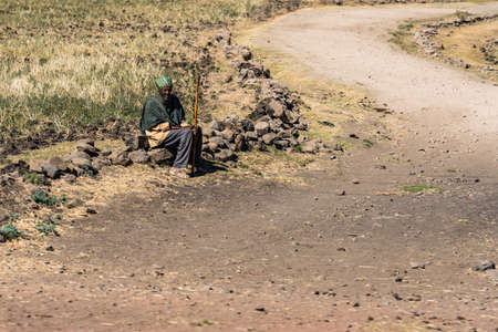 Gondar, Ethiopia - Feb 07, 2020: Ethiopian people on the road from Gondar to the Simien mountains, North Ethiopia, Africa.のeditorial素材