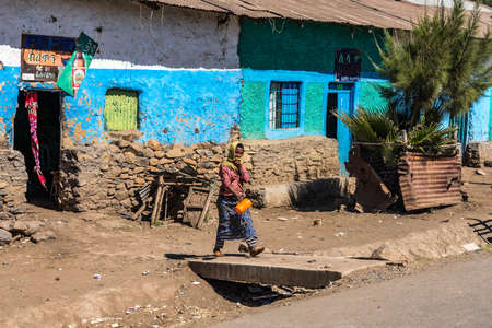 Gondar, Ethiopia - Feb 07, 2020: Ethiopian people on the road from Gondar to the Simien mountains, North Ethiopia, Africa.のeditorial素材