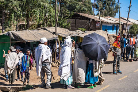 Gondar, Ethiopia - Feb 07, 2020: Ethiopian people on the road from Gondar to the Simien mountains, North Ethiopia, Africa.のeditorial素材