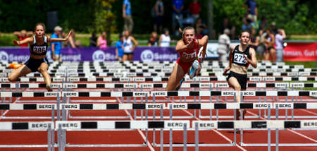 Regensburg, Germany - July 20, 2019: bavarian athletics championship hurdle race eventのeditorial素材