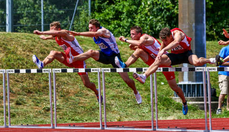 Regensburg, Germany - July 20, 2019: bavarian athletics championship hurdle race eventのeditorial素材