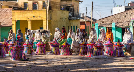 Aksum, Ethiopia - Feb 10, 2020: Ethiopian women selling baskets in the Aksum basket market in Aksum,...