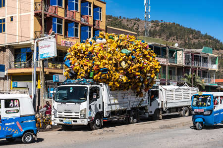Lalibela, Ethiopia - Feb 12, 2020: Truck with plastic bottles between Gheralta and Lalibela in Tigray, Northern Ethiopia, Africa.のeditorial素材
