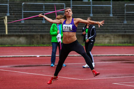 Regensburg, Germany - July 20, 2019: bavarian athletics championship javelin throw eventのeditorial素材