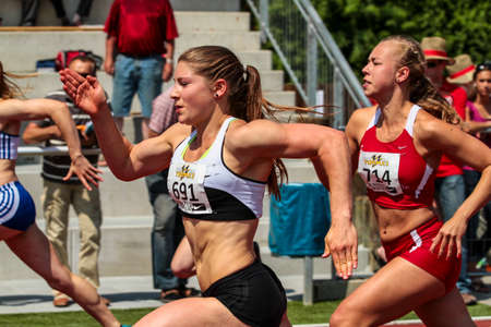 Regensburg, Germany - July 20, 2019: bavarian athletics championship 400 meter race eventのeditorial素材