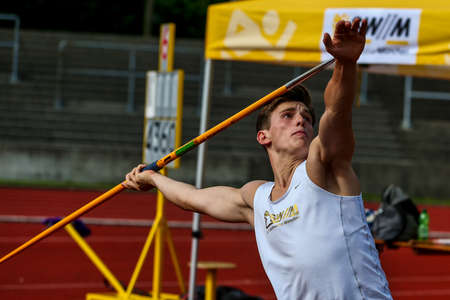 Regensburg, Germany - July 20, 2019: bavarian athletics championship javelin throw eventのeditorial素材