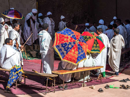 Lalibela, Ethiopia - Feb 13, 2020: Ethiopian people at the Bet Maryam Church, St. Mary Church in...