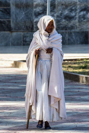 Aksum, Ethiopia - Feb 09, 2020: Ethiopian People at Church of Our Lady St. Mary of Zion, the most...