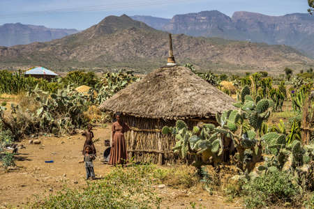 Lalibela, Ethiopia - Feb 12, 2020: Ethiopian people seen on the road from Lalibela to Gheralta, Tigray in Northern Ethiopia, Africaのeditorial素材