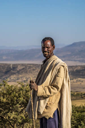 Lalibela, Ethiopia - Feb 12, 2020: Ethiopian man seen on the road from Lalibela to Gheralta, Tigray...
