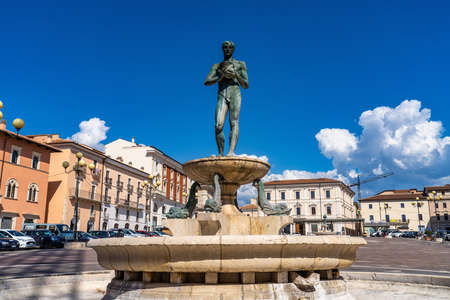 L'Aquila, Italy - Jul 02, 2020: Fountain in the main square of L'Aquila, Italy devasted by earthquake of 2009, Europeのeditorial素材