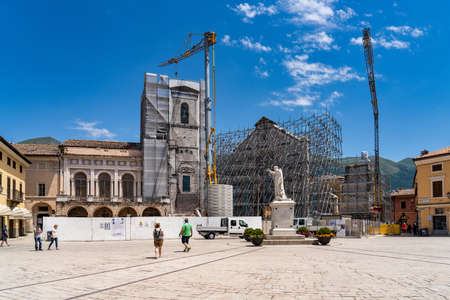 Norcia, Italy - Jul 02, 2020: The historic center of Norcia city at July 2020 after the earthquake of central Italy in 2016のeditorial素材