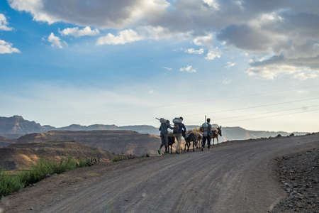 Lalibela, Ethiopia - Feb 12, 2020: Ethiopian people seen on the road from Lalibela to Gheralta,...