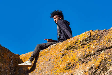 Lalibela, Ethiopia - Feb 13, 2020: Ethiopian people at the famous Rock-Hewn Church of Saint George - Bete Giyorgis in Lalibela, Ethiopia.のeditorial素材