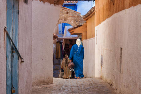 Chefchaouen, Morocco - Oct 14, 2019: Street life in the Blue city of Chefchaouen or Chaouen, a city...