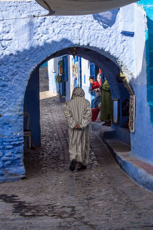 Chefchaouen, Morocco - Oct 14, 2019: Street life in the Blue city of Chefchaouen or Chaouen, a city in northwest Morocco. It is noted for its buildings in shades of blueのeditorial素材