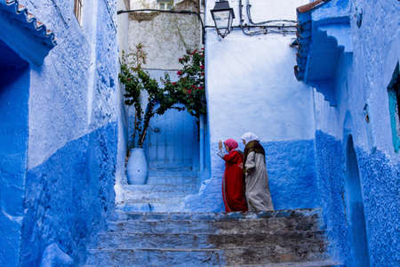 Chefchaouen, Morocco - Oct 14, 2019: Street life in the Blue city of Chefchaouen or Chaouen, a city in northwest Morocco. It is noted for its buildings in shades of blueのeditorial素材