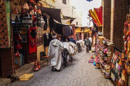 Fes, Morocco - Oct 15, 2019: Typical street market in the old medina of Fes, Morocco in Africaのeditorial素材