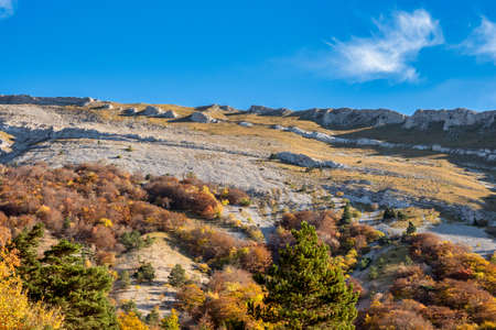 French countryside. Col de Rousset. Panoramic view of the heights of the Vercors, the marly hills and the valley Val de Drome, Franceの写真素材