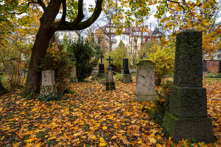 View of famous Old North Cemetery of Munich, Germany with historic gravestones. Funerals have not been held here since 1944. Instead, the cemetery is used as a park.の写真素材