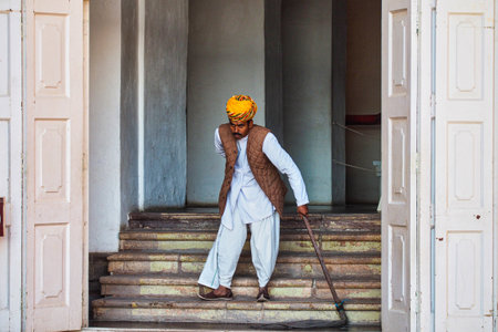 Jodhpur, India - Jan 02, 2020: Portrait of aged Rajasthani man in traditional dress and colorful turban at Mehrangarh Fort in Jodhpur, Indiaのeditorial素材