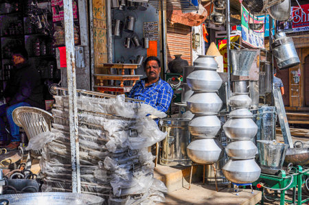 Jaisalmer, India - Dec 31, 2019: Picture of the life, market, streets and houses of Jaisalmer city,...