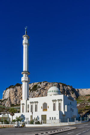 Gibraltar, United Kingdom. Ibrahim-al-Ibrahim Mosque, Europa Point, Gibraltar. Gibraltar is a British Overseas Territory located on the southern point of Spain.の写真素材