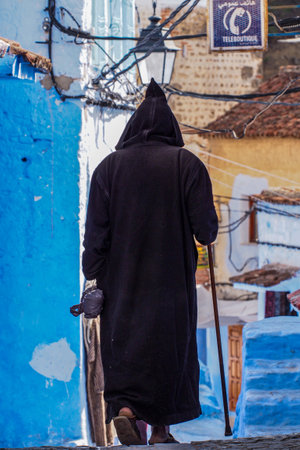 Chefchaouen, Morocco - Oct 14, 2019: Street life in the Blue city of Chefchaouen or Chaouen, a city in northwest Morocco. It is noted for its buildings in shades of blueのeditorial素材